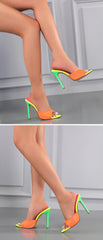 Pointed Toe Mule High Heels Slipper Mixed Color Slip On Slides Sandal Shoes