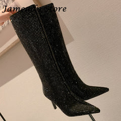 Jameady Bling Stiletto High Heel Pointed Toe Zipper Knee High Boots Rhinestones