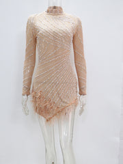 Luxury Rhinestones Pearls Feather Mini Dress