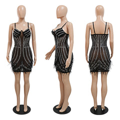 Mesh Rhinestone Mini Luxury Dress Elegant Sexy Party Bodycon Evening Chic Black Dress