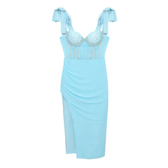 Sky Blue Skinny Mini Dress Mesh Bow Ladies High Split Drape Sexy Sleeveless Dress