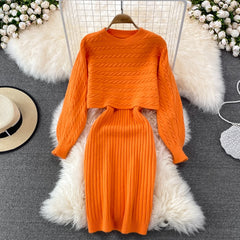 Elegant Slim Two Piece Sets Sweater Dress High Waist Knitted Ensemble Long Dress