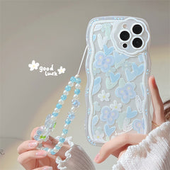 Cute Crystal Bow Lanyard Phone Case for iPhone 13 12 11 Pro Max Transparent Wave Wrist Chain Shockproof Back Cover