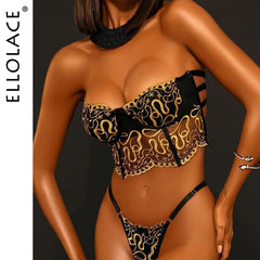 Ellolace Lace Sexy Lingerie Off Shoulder Bra Thongs Set Woman 2 Pieces Fancy Underwear Gold Embroidery Seamless Intimate