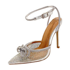 Transparent PVC Rhinestone Pumps Silver Pointed Toe Bowknot Sandals High Heels Crystal Shoes