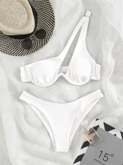 Solid Hollow Out Ribbed Swimwear Bikini Set One Shoulder Bathing Suit