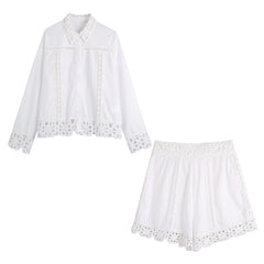 Hollow Out Corset Cotton White Women Blouse Shorts Set Office Casual Summer Spring Beach Suits Wide Leg Shorts Suit Outfits 2023