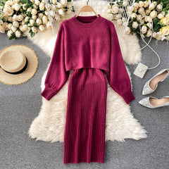 Elegant Slim Two Piece Sets Sweater Dress High Waist Knitted Ensemble Long Dress