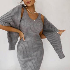 Elegant Slim Two Piece Sets Sweater Dress High Waist Knitted Ensemble Long Dress