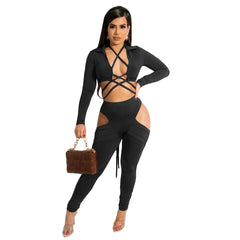 Sexy Bandage Two Piece Pant Sets Women Party Club Birthday Outfits Criss Cross Lace-up Crop Top and Cut Out Pants Matching Sets