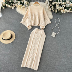 Elegant Slim Two Piece Sets Sweater Dress High Waist Knitted Ensemble Long Dress