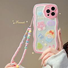 Cute Crystal Bow Lanyard Phone Case for iPhone 13 12 11 Pro Max Transparent Wave Wrist Chain Shockproof Back Cover