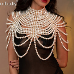 Sexy Women&#39;s Pearl Body Chains Bra Shawl Fashion Adjustable Size Shoulder Necklaces Tops Chain Wedding Dress Pearls Body Jewelry