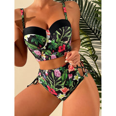 High Waist Bikini Push Up Bandage Bikini Floral Two Pieces Strapy Swimsuit