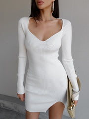 Long Sleeve Knitted Dress V-Neck Ribbed Bodycon Dress