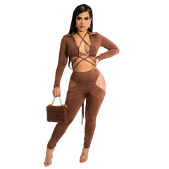 Sexy Bandage Two Piece Pant Sets Women Party Club Birthday Outfits Criss Cross Lace-up Crop Top and Cut Out Pants Matching Sets