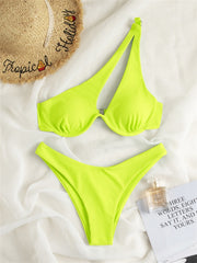 Solid Hollow Out Ribbed Swimwear Bikini Set One Shoulder Bathing Suit