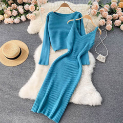 Elegant Slim Two Piece Sets Sweater Dress High Waist Knitted Ensemble Long Dress