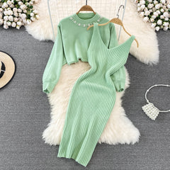 Elegant Slim Two Piece Sets Sweater Dress High Waist Knitted Ensemble Long Dress