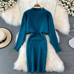 Elegant Slim Two Piece Sets Sweater Dress High Waist Knitted Ensemble Long Dress