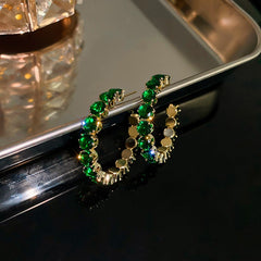 Shiny Luxury Hoop Earrings Round Green Zircon Crystal