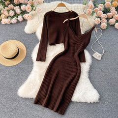 Elegant Slim Two Piece Sets Sweater Dress High Waist Knitted Ensemble Long Dress