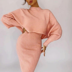 Elegant Slim Two Piece Sets Sweater Dress High Waist Knitted Ensemble Long Dress