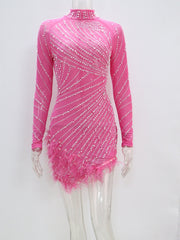 Luxury Rhinestones Pearls Feather Mini Dress