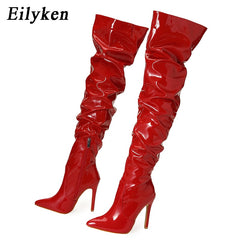 Pleated Patent Leather Motorcycle Over The Knee Pointed Toe Zip Thigh High boots