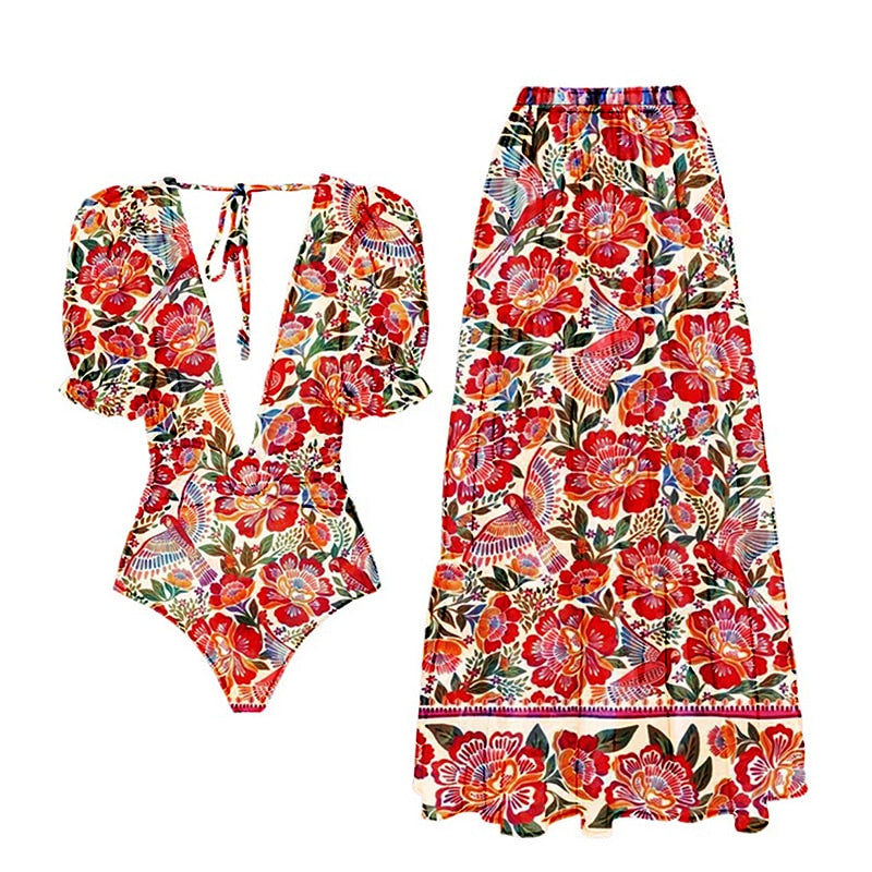 Retro Print Deep V Gorgeous Red And One-Piece Suit With Skirt Cover Up