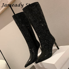 Jameady Bling Stiletto High Heel Pointed Toe Zipper Knee High Boots Rhinestones