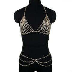 Sexy New Metal Top Linked Halter Bra Chain Women Fashion Bling Tassel Nightclub Backless Body Chain Festival Jewelry Accessories