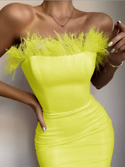 Sexy Strapless Feather Midi Dress