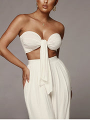 Two Piece Set Women Sleeveless 2 Layer Bandage Crop Top