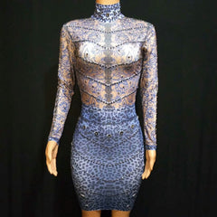 Blue Leopard Printed Rhinestone Dress