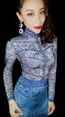 Blue Leopard Printed Rhinestone Dress