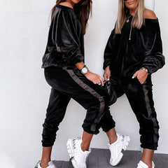 Striped Spliced Velvet Tracksuit Two Piece Set