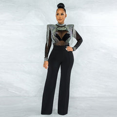 Elegant Black Rhinestone Embellishment Wide Leg Jumpsuits