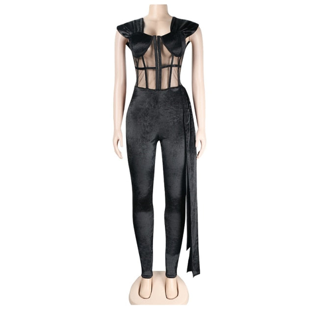 Mesh Patchwork Corset Top Velvet Bandage Jumpsuits