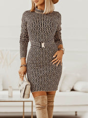 Geo Print Long Sleeve Belted Geometric work dress