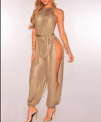 Gold Metallic Slit Leg Harem Jumpsuits