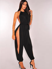 Gold Metallic Slit Leg Harem Jumpsuits